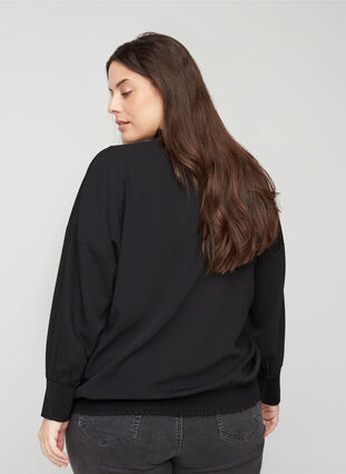 Long-sleeved blouse with a V-neck and smocking, Black, Model image number 1