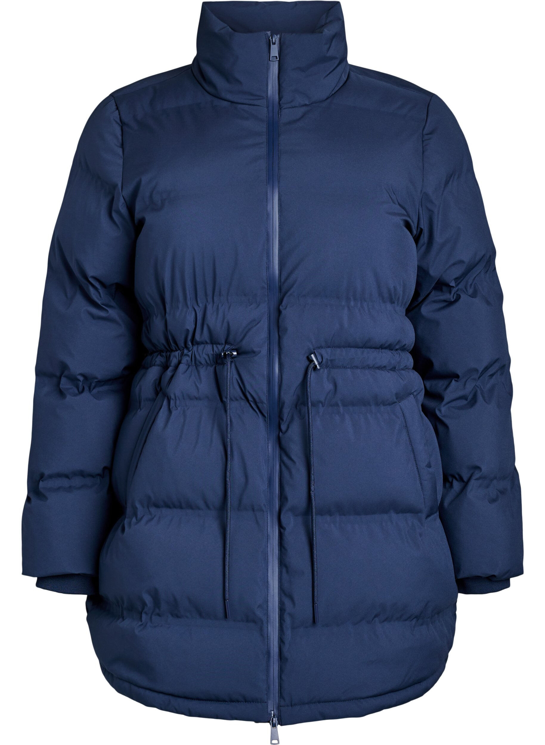 Mid-length puffer jacket with adjustable waist