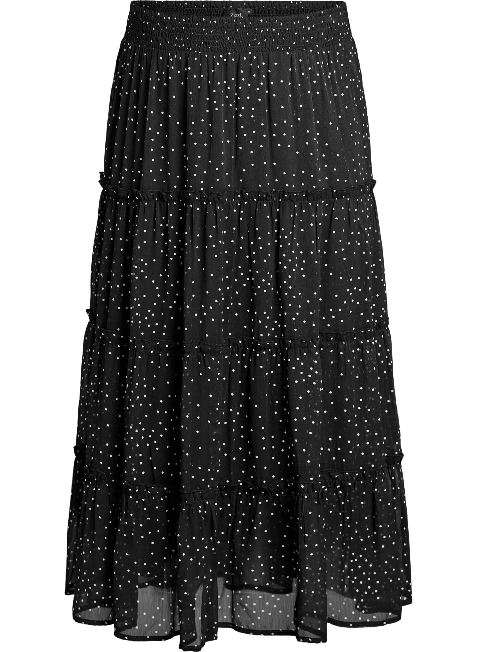 Zizzifashion Long A-line chiffon skirt with polka dots, Black, Packshot image number 0