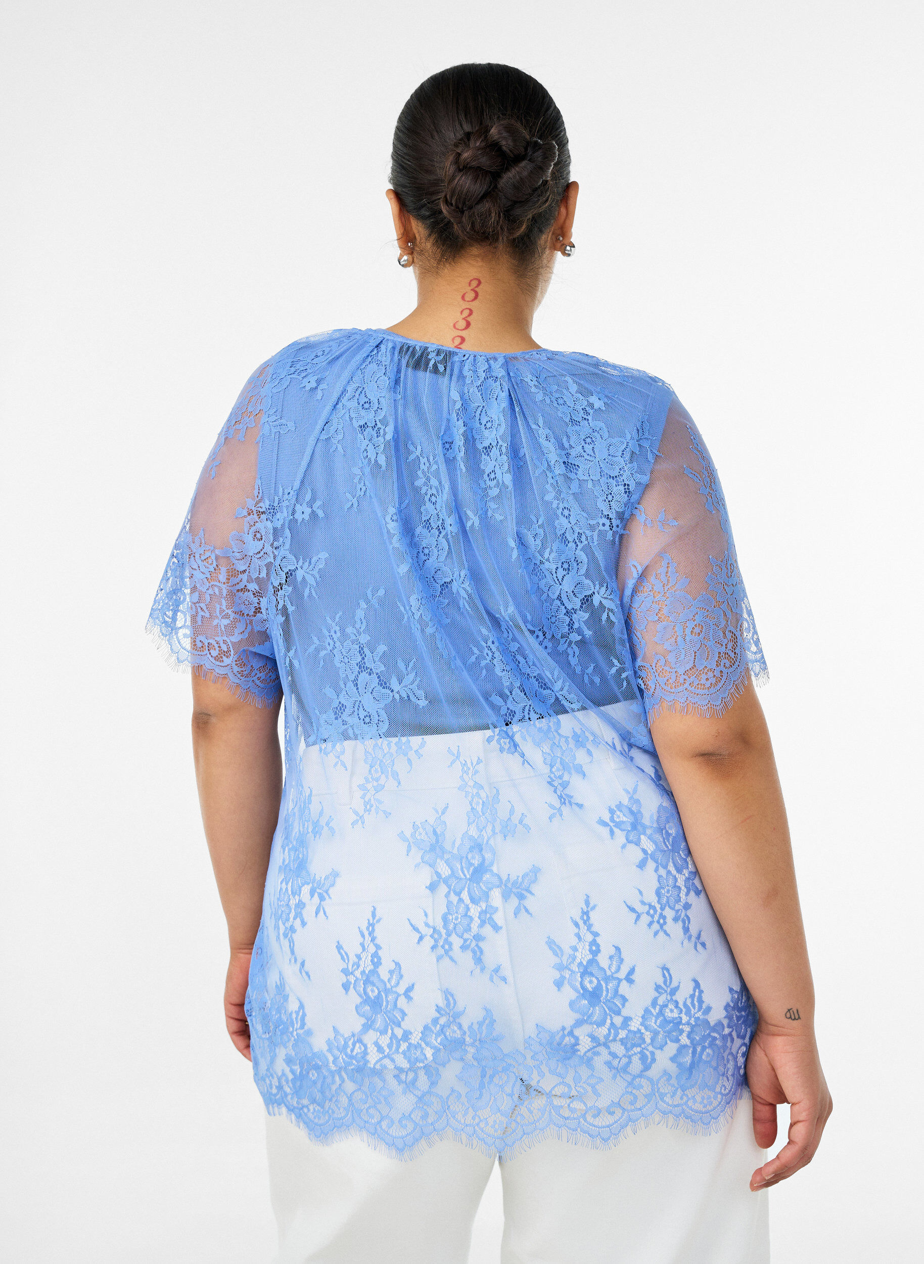Zizzifashion Short-sleeved lace blouse with tie-fastening, Purple, Model image number 2
