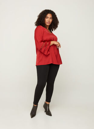 Plain blouse with 3/4 length sleeves and a V-neck, Haute Red, Model image number 2