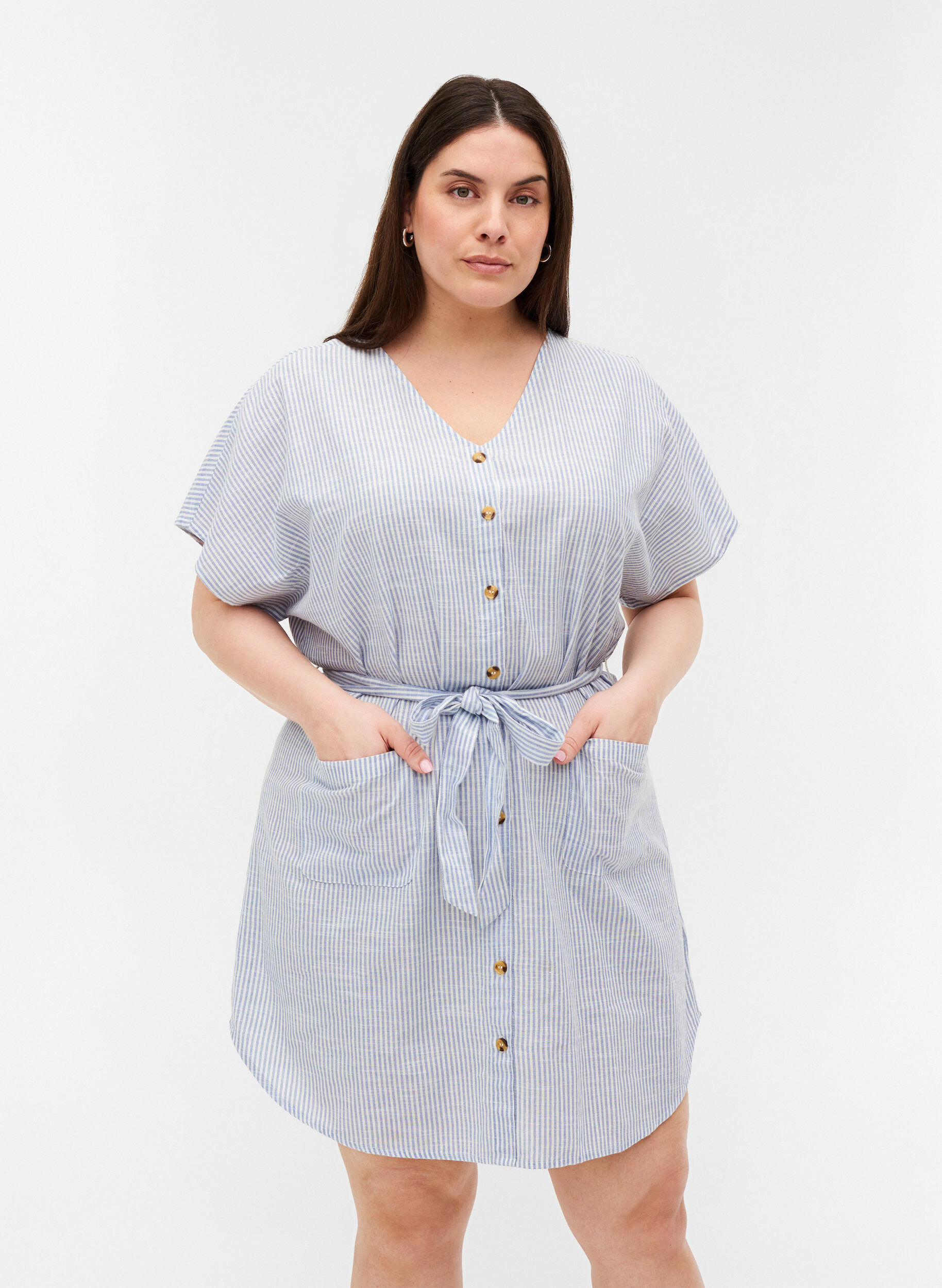 Zizzifashion Striped shirt dress in cotton with pockets, Country Blue Stripe, Model image number 0