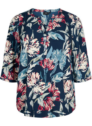 Floral blouse with 3/4 sleeves, Navy Flower, Packshot image number 0