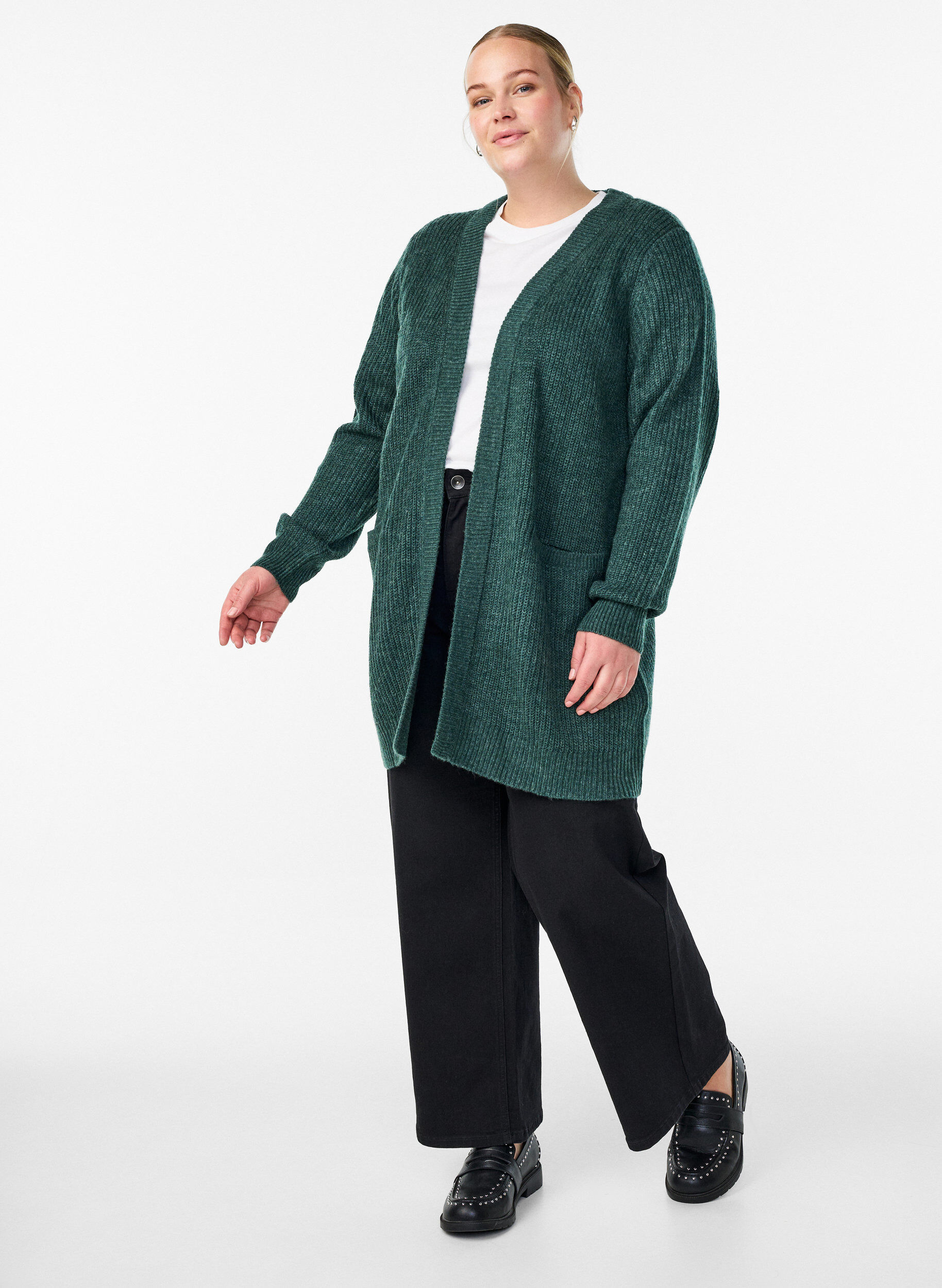 Zizzifashion FLASH - Long rib knit cardigan with pockets, Green, Model image number 1
