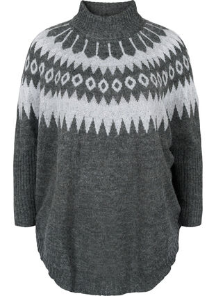 Patterned, wool knitted blouse with a high collar, Dark Grey Melange, Packshot image number 0
