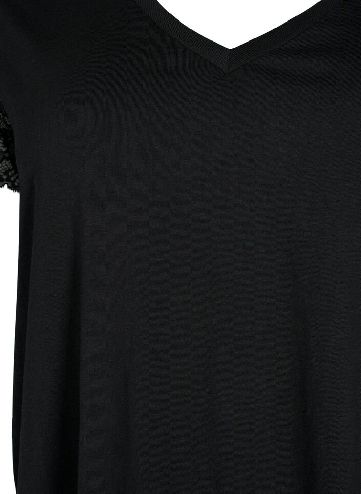Cotton t-shirt with short lace sleeves, Black, Packshot image number 2