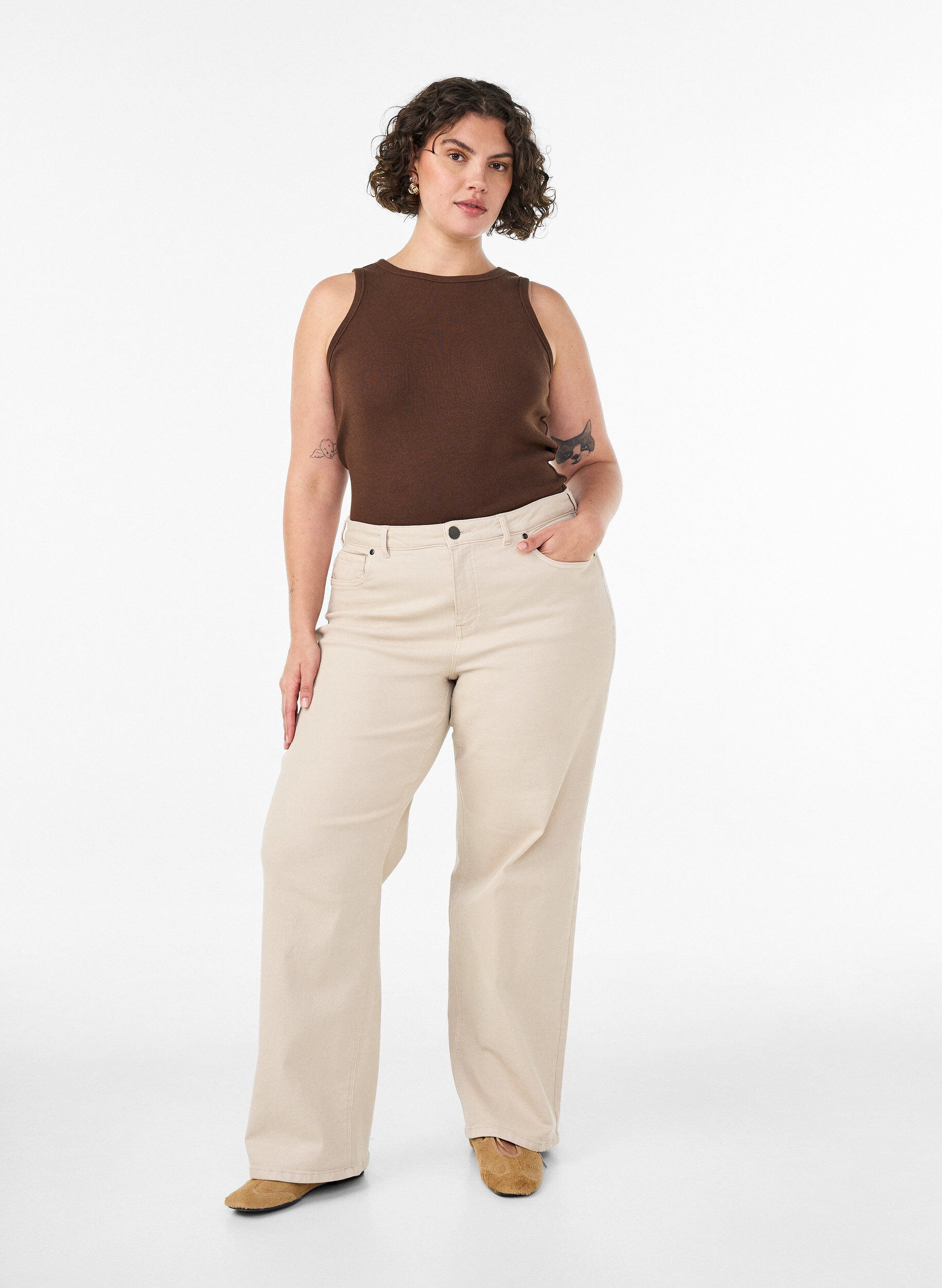 Zizzifashion Cotton ribbed top with high neck, Brown, Model image number 1