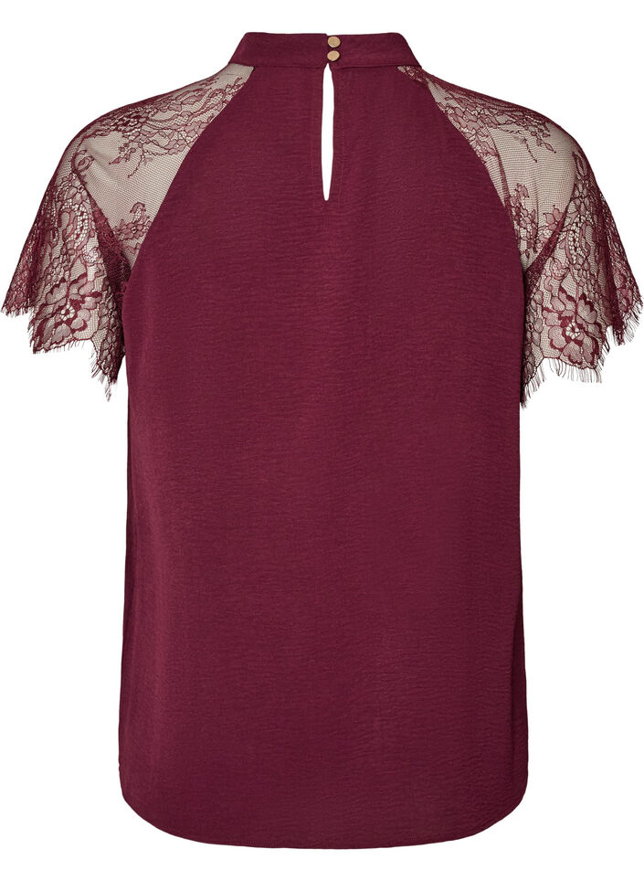 Blouse with short lace sleeves and high neck, Red, Packshot image number 1
