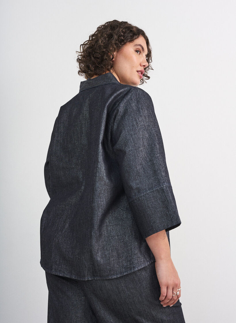 Denim shirt with glitter thread and 3/4 sleeves, Dark Grey, Model image number 2