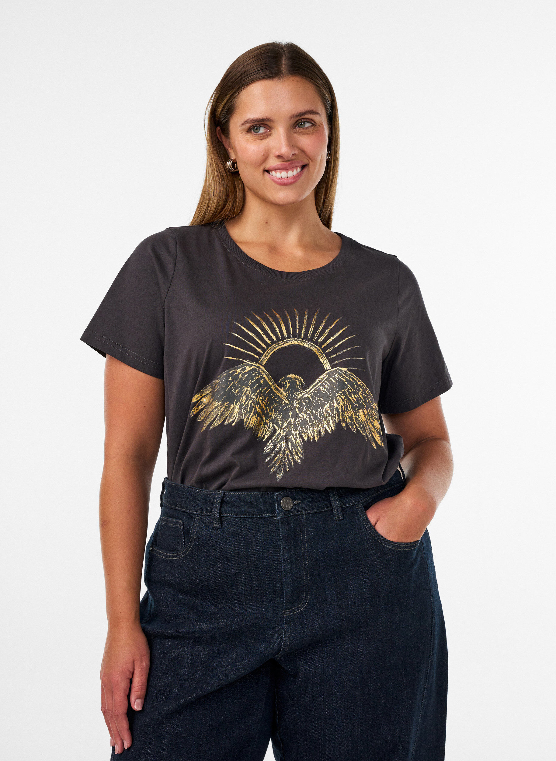 Cotton T-shirt with front print, Dark Grey, Model