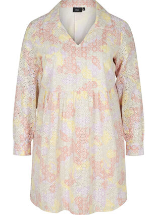 Beautiful cotton tunic with broderie anglaise, Pastel AOP, Packshot image number 0