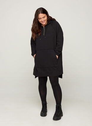 Long-sleeved sweater dress with a hood and a pocket, Black, Model image number 2