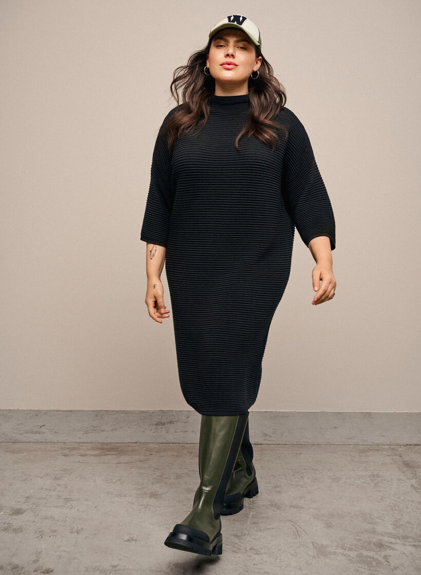 Knit dress with cropped sleeves, Black, Model image number 2