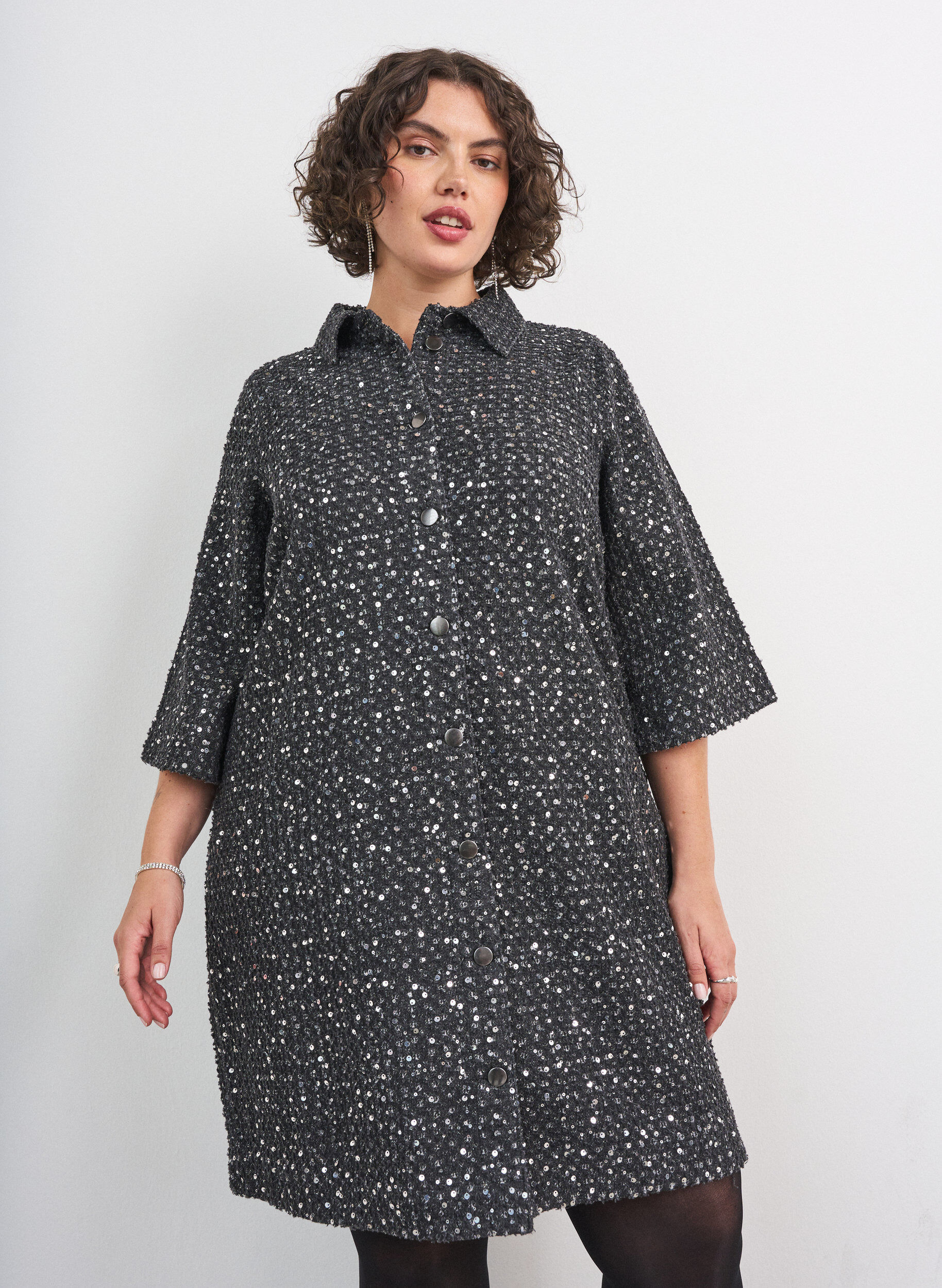 ZizzifashionDenim dress with sequins and 3/4 sleeves, Black, Model image number 0