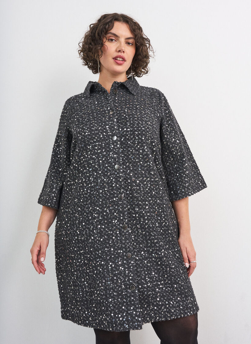 Denim dress with sequins and 3/4 sleeves, Black, Model image number 0
