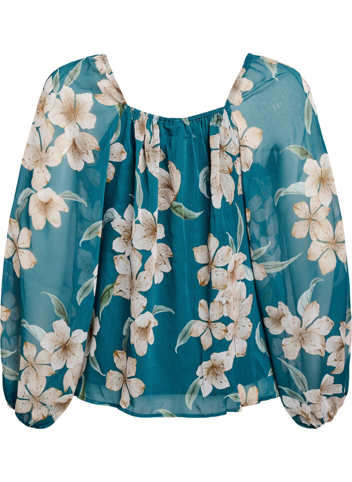 Chiffon blouse with floral print and long sleeves, Green Flower AOP, Packshot image number 1