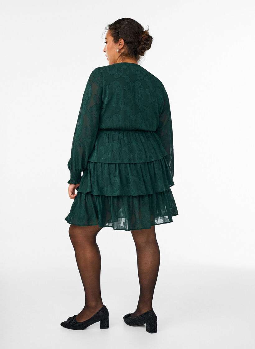 Short dress with ruffles and a textured pattern, Green, Model image number 2