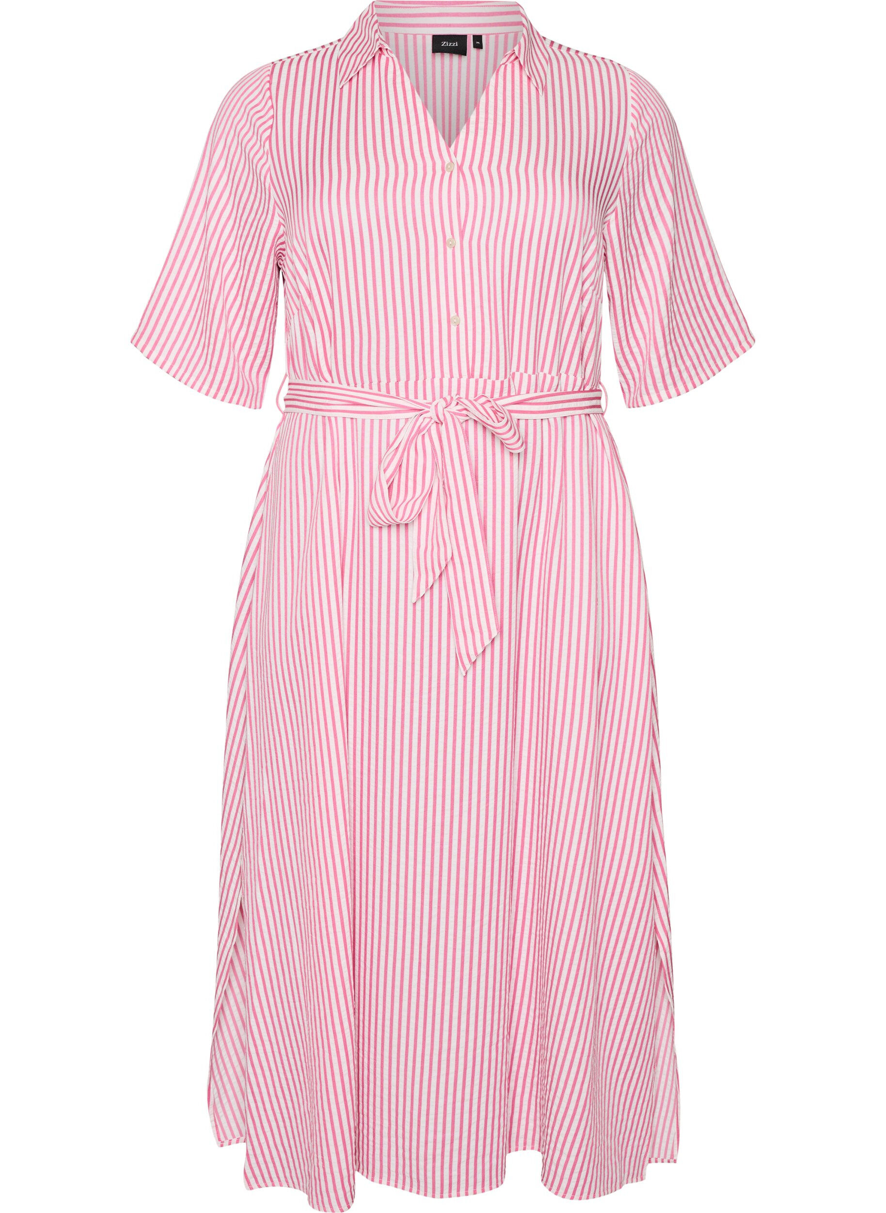 Ankle-length shirt dress with tie belt and stripes