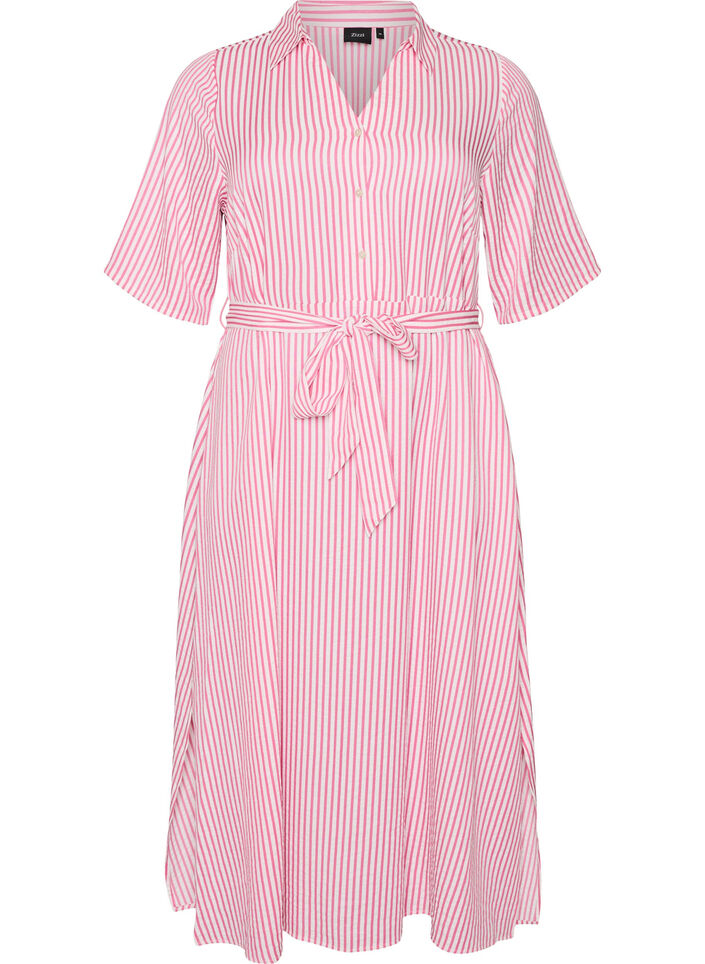 Ankle-length shirt dress with tie belt and stripes, Pink, Packshot image number 0