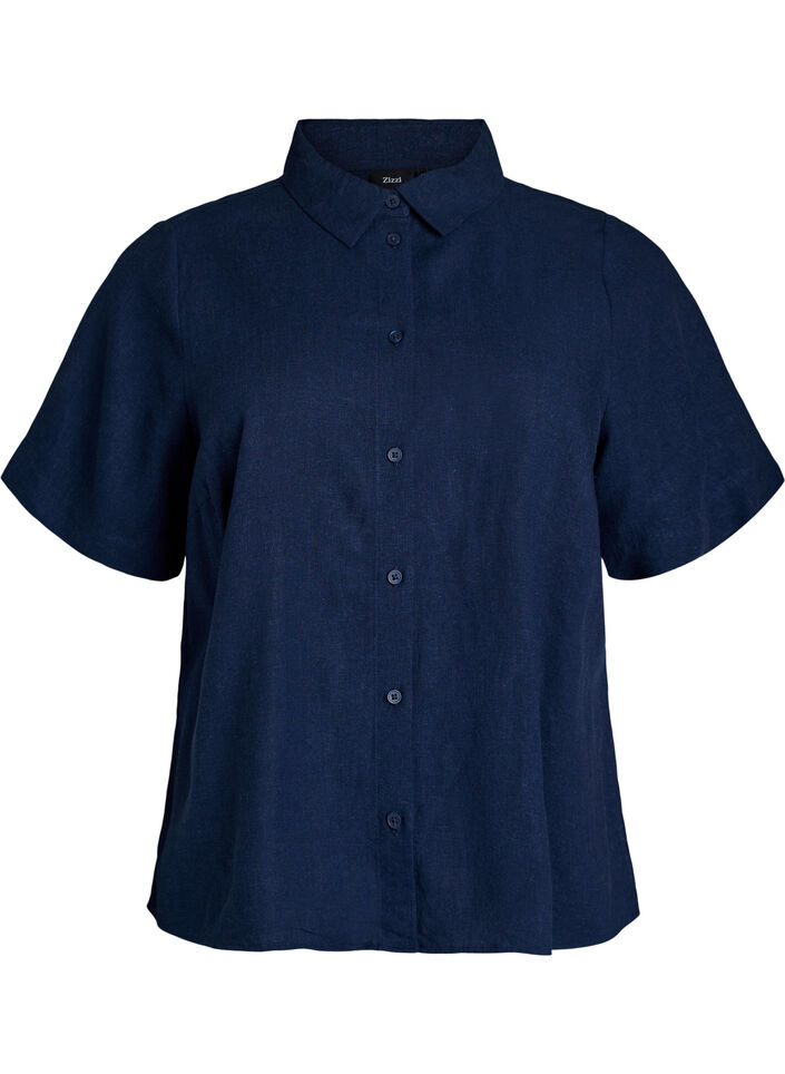 Short-sleeved shirt in linen and viscose, Blue, Packshot image number 0