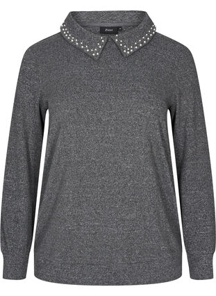 Marled blouse with collar and pearls, Dark Grey Mel, Packshot image number 0
