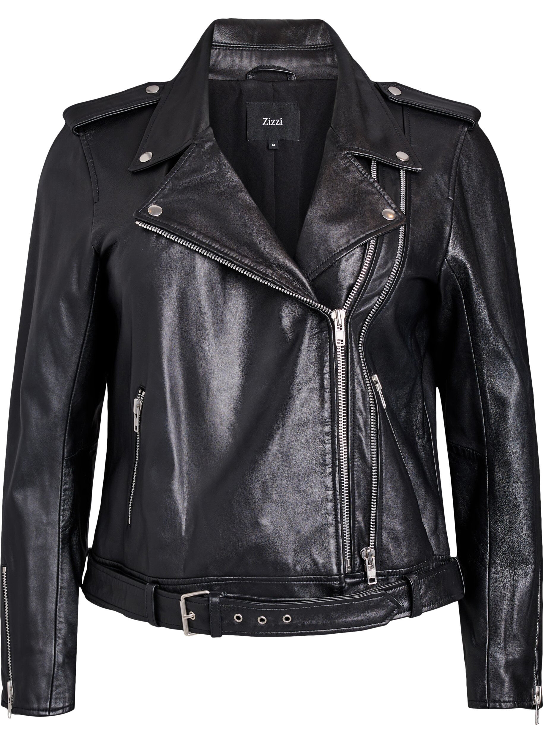 Leather biker jacket with belt