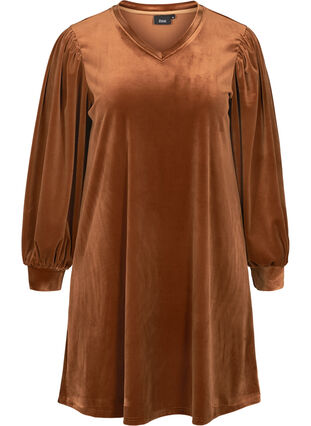 Velour dress with long puff sleeves, Brown ASS, Packshot image number 0
