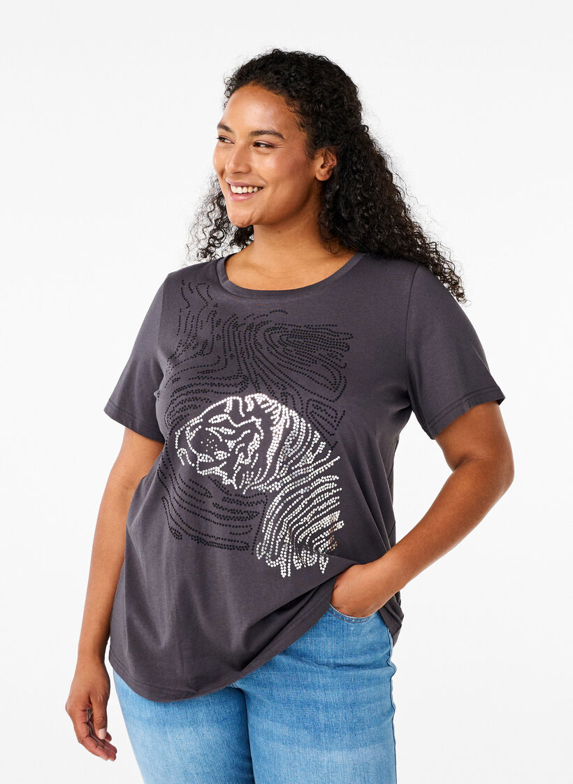 Cotton T-shirt with print, Asphalt w. Tiger, Model image number 0