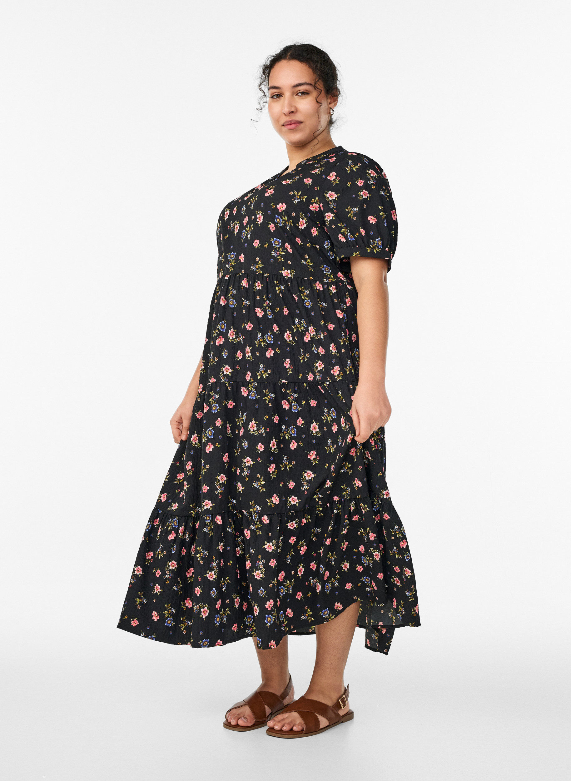 Zizzifashion Ankle-length dress with short sleeves and tiered ruffles, Black, Model image number 0