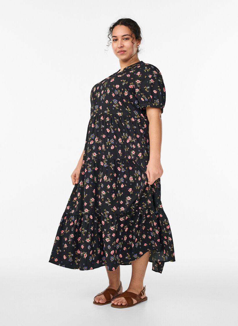 Ankle-length dress with short sleeves and tiered ruffles, Black, Model image number 0