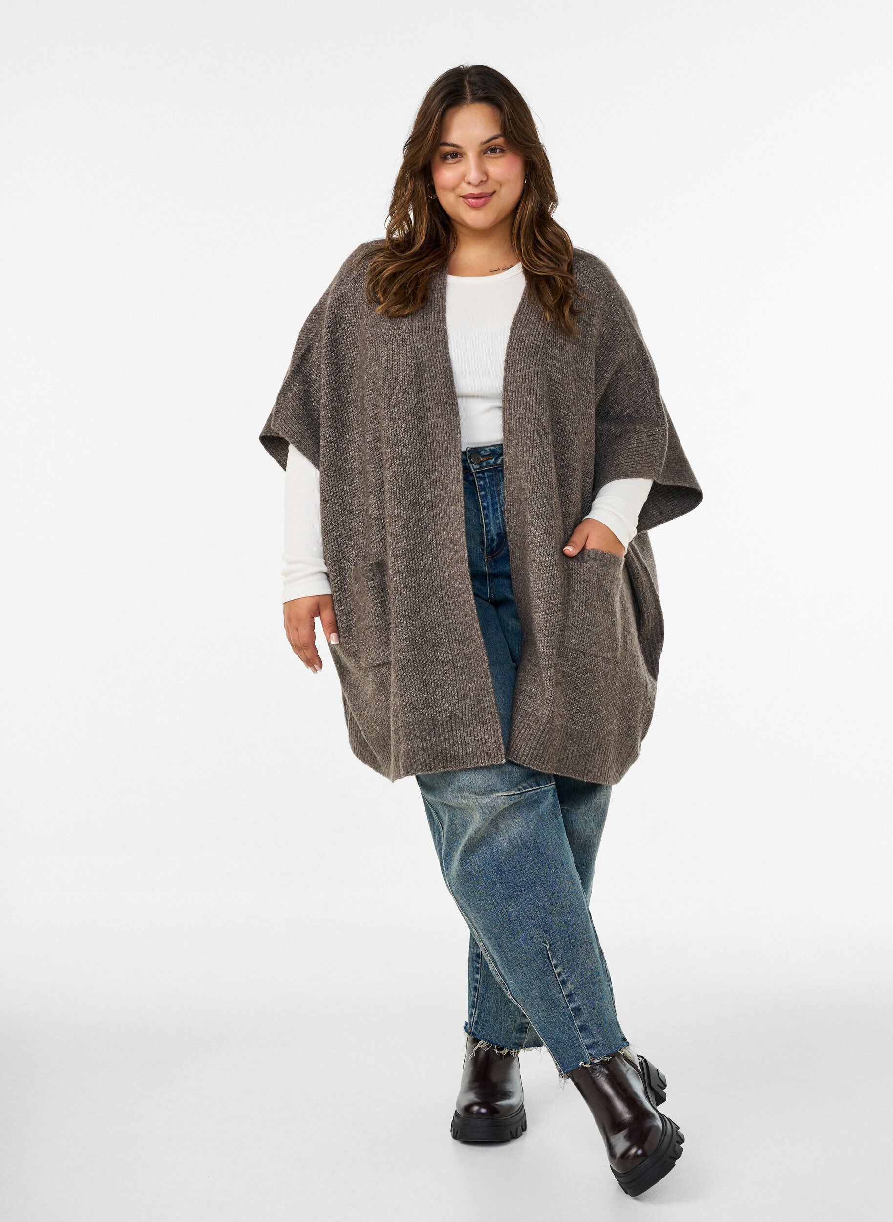 ZizzifashionCardigan with open front and wide sleeves, Brown, Model image number 1