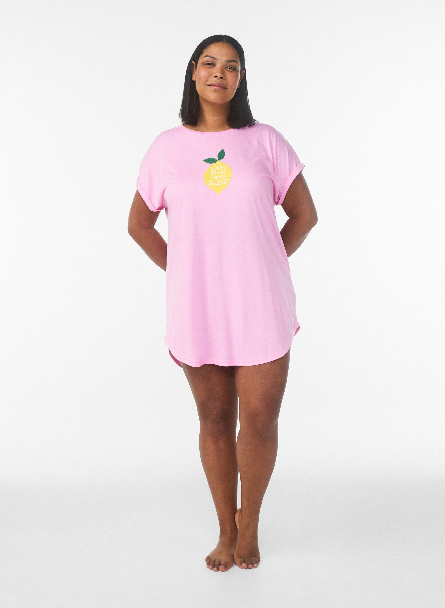 ZizzifashionShort sleeve nightgown with text print, Pink, Model image number 1