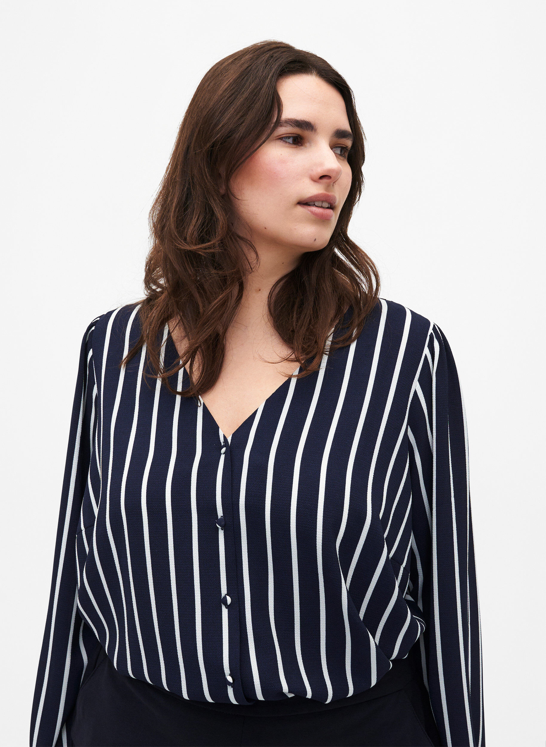 Zizzifashion Shirt blouse with v-neck and print, Maritime Blue Stripe, Model image number 0