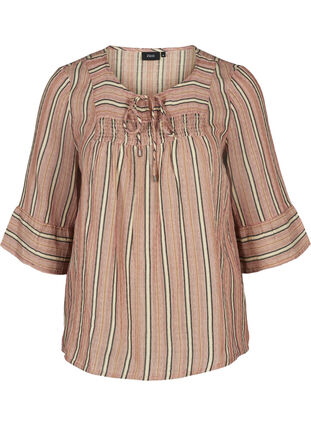 Striped blouse with 3/4 length sleeves and smocking, Rose Smoke stripe, Packshot image number 0