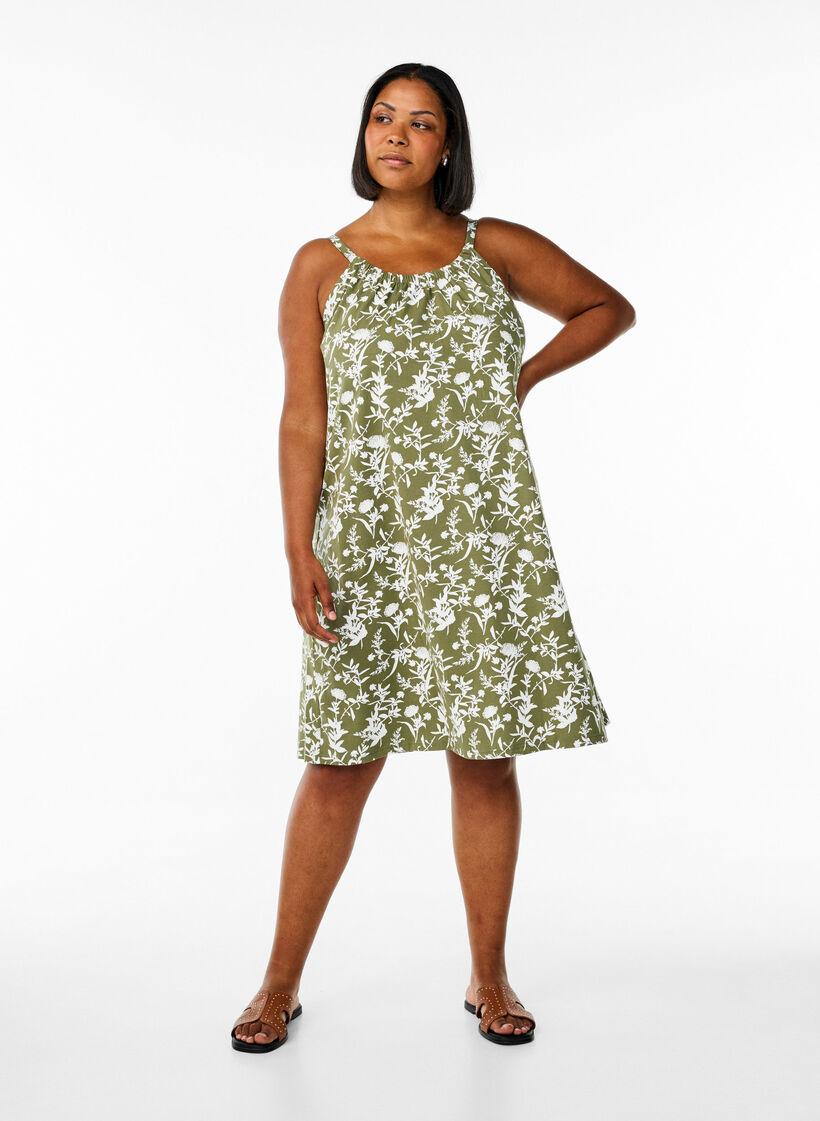 Knee-length strap dress in organic cotton, Green, Model image number 1