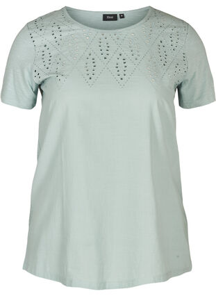Short-sleeved t-shirt with broderie anglaise, Gray mist, Packshot image number 0