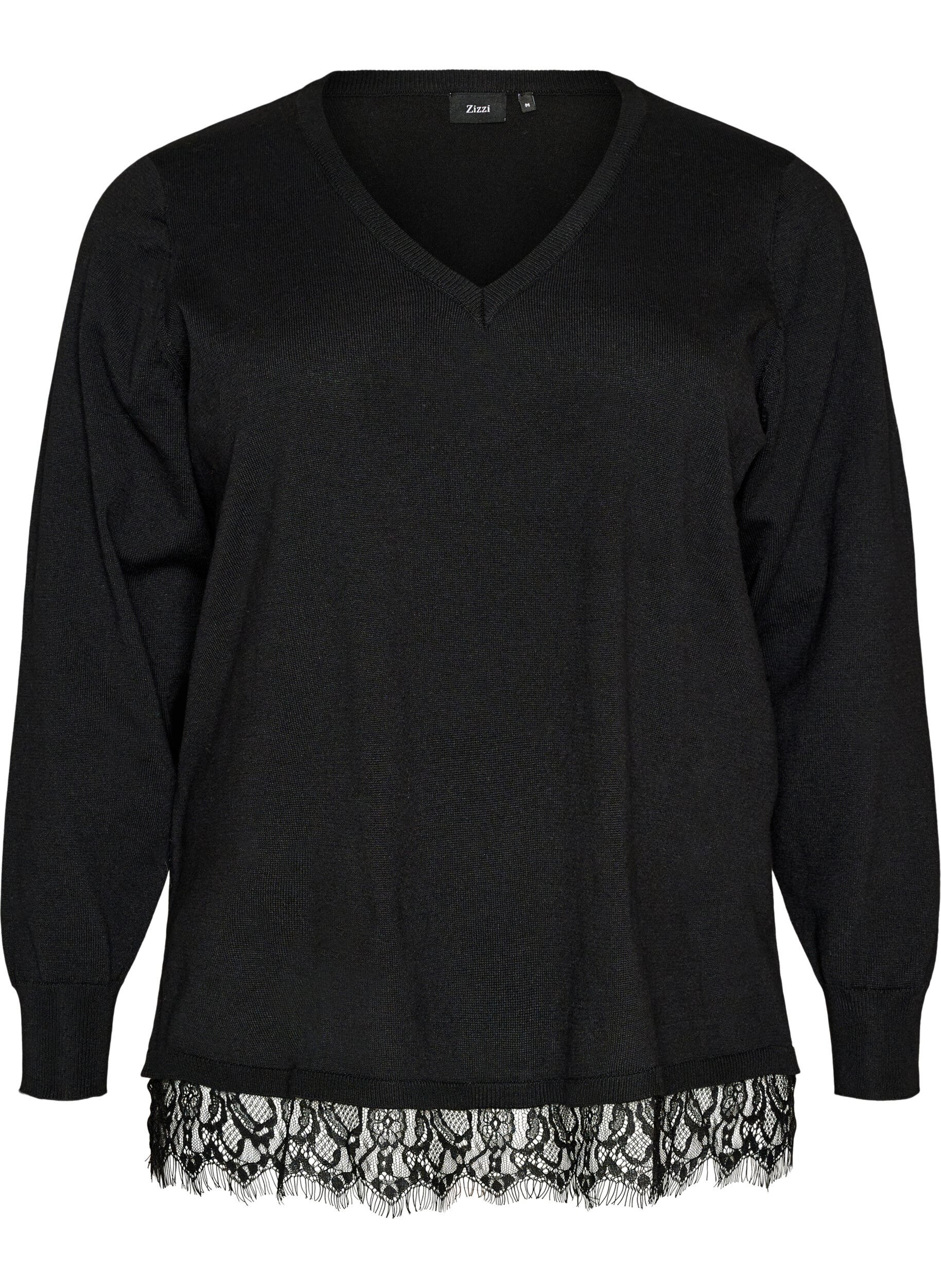 ZizzifashionKnitted blouse with V-neck and lace trim, Black, Packshot image number 0