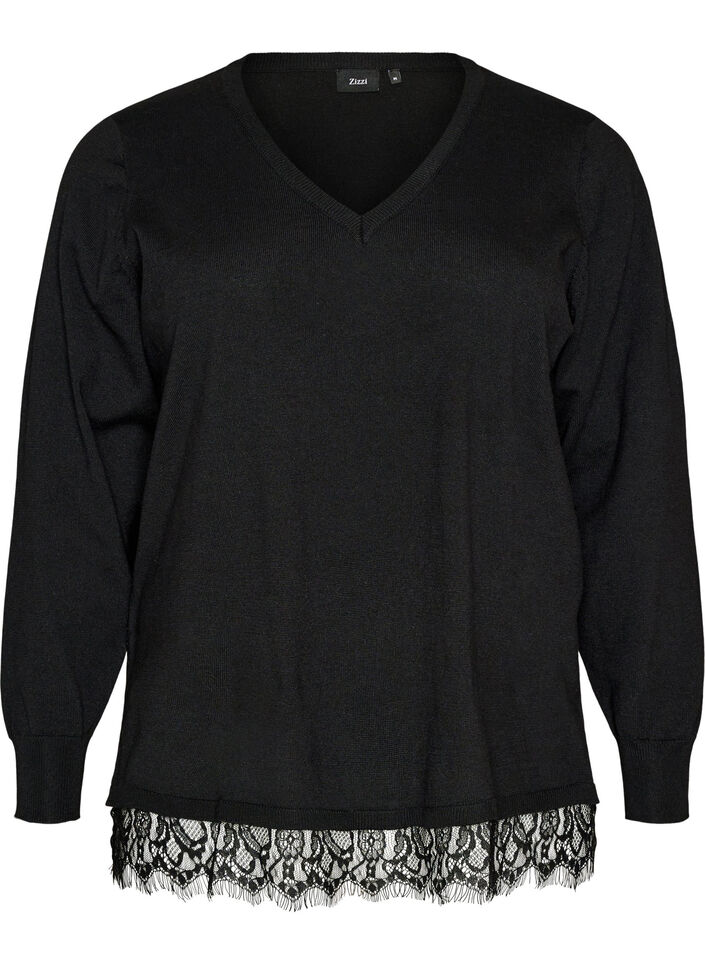 Knitted blouse with V-neck and lace trim, Black, Packshot image number 0
