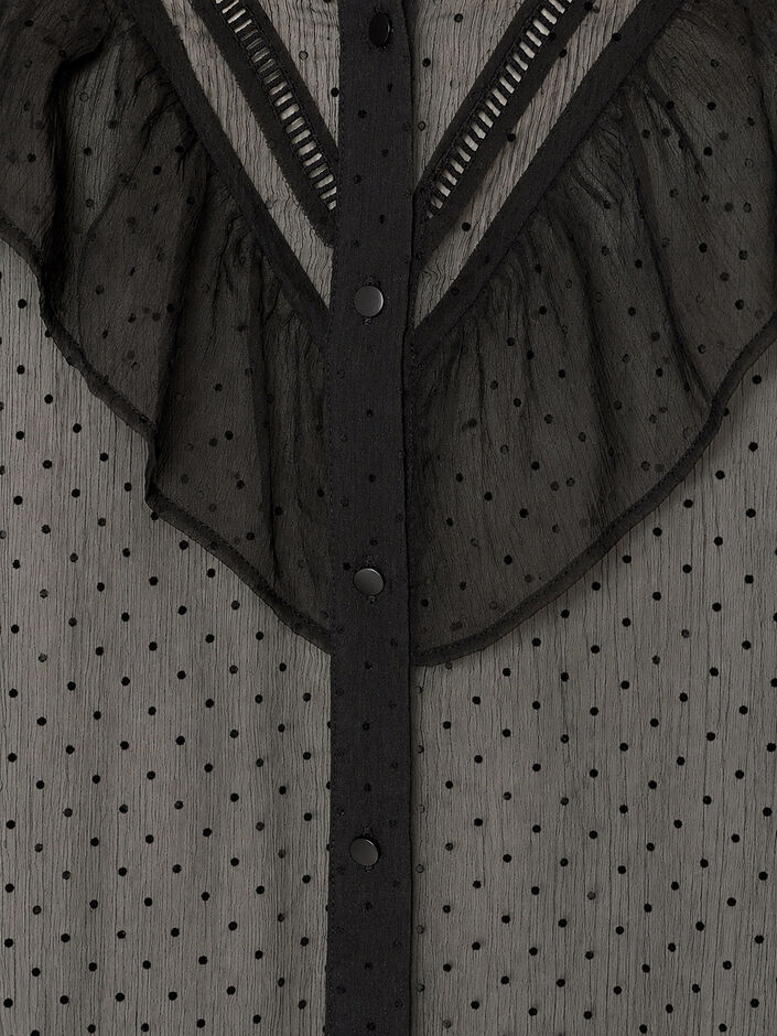 Midi dress in a lightweight, sheer fabric with dots and ruffles, Black, Packshot image number 3