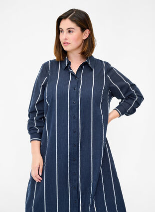 Long striped shirt dress in cotton, N.Sky w.White Stripe, Model image number 2