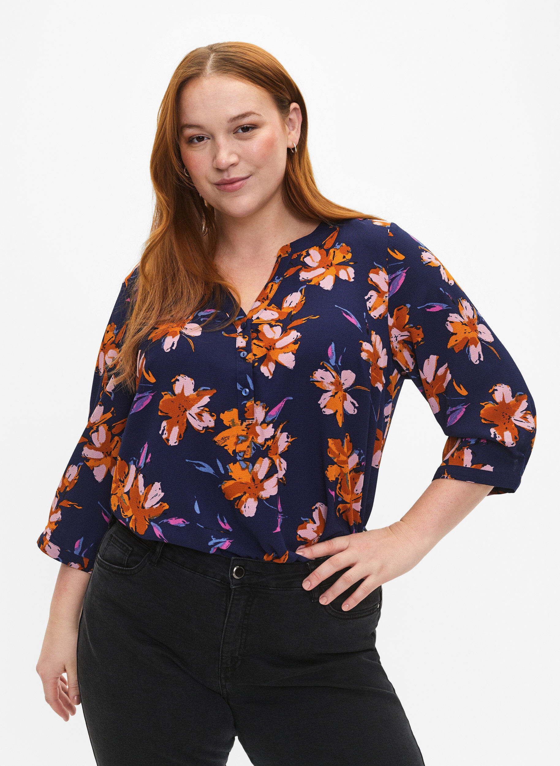 Zizzifashion Floral blouse with 3/4 sleeves, Peacoat Flower AOP, Model image number 0