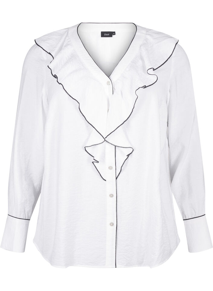 Long-sleeved viscose shirt blouse with ruffle, White, Packshot image number 0