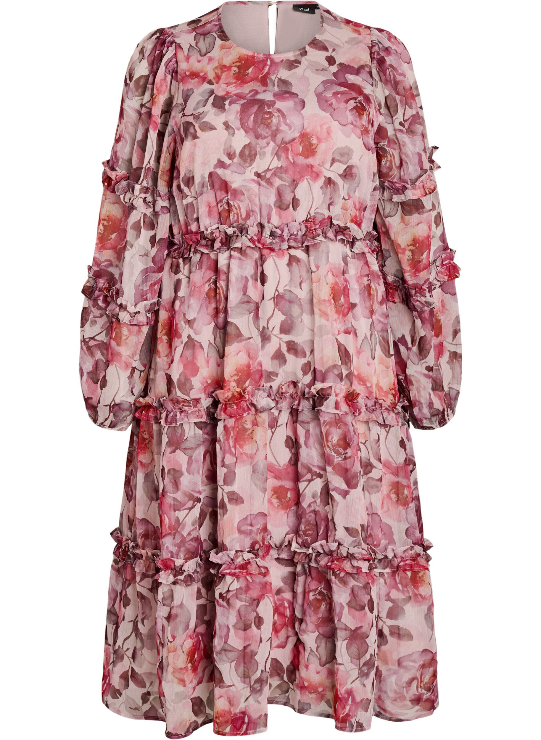 Floral midi dress with ruffle details and sheer sleeves