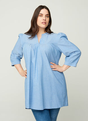 Cotton tunic with 3/4 length sleeves, Blue, Model image number 0