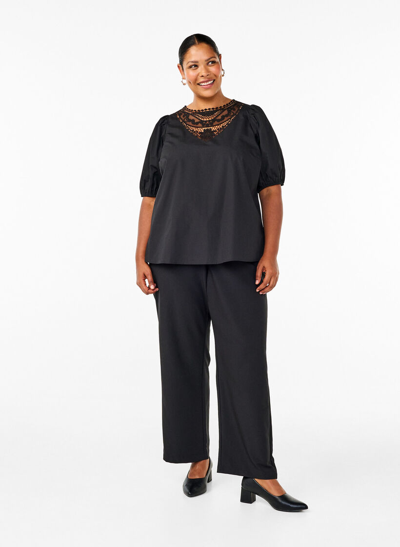 Short-sleeved blouse with lace detail, Black, Model image number 2