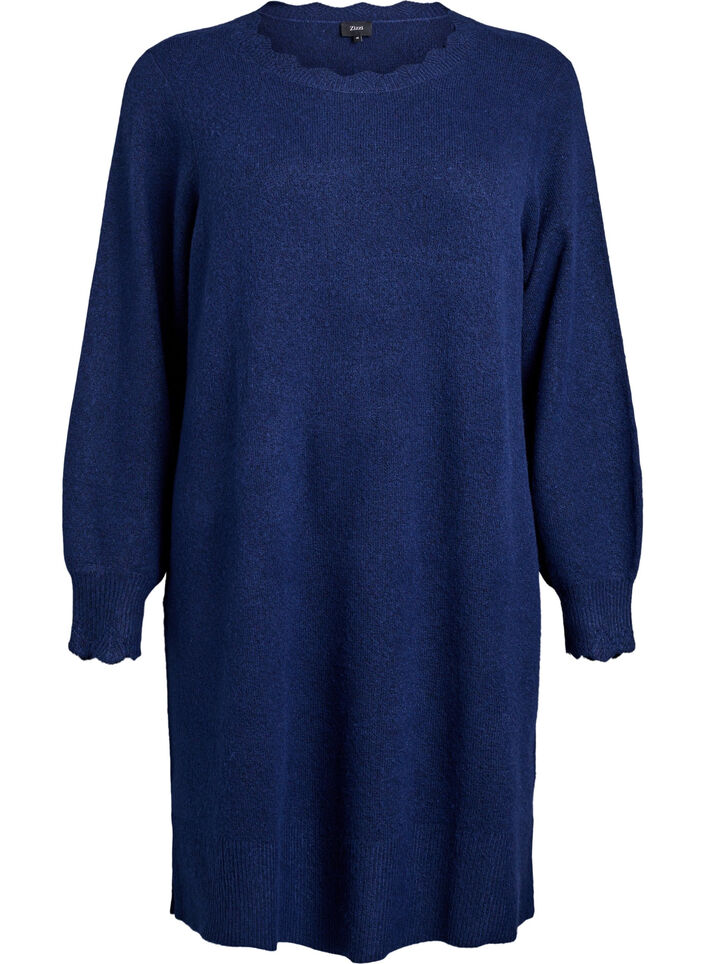 Short knitted dress with wavy hem and slits, Blue, Packshot image number 0