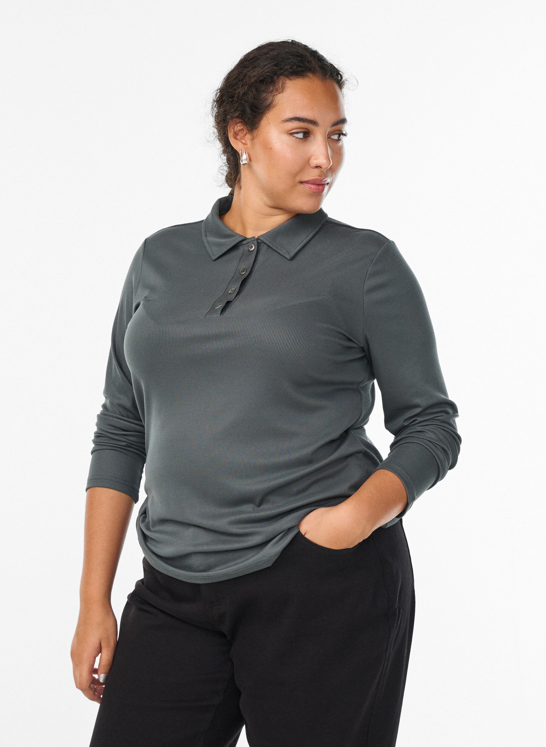 Polo shirt in soft rib with long sleeves, Green, Model