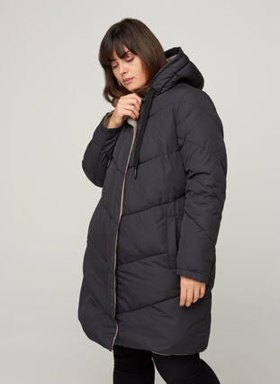 Long reversible jacket with a hood, Black COMB, Model image number 0