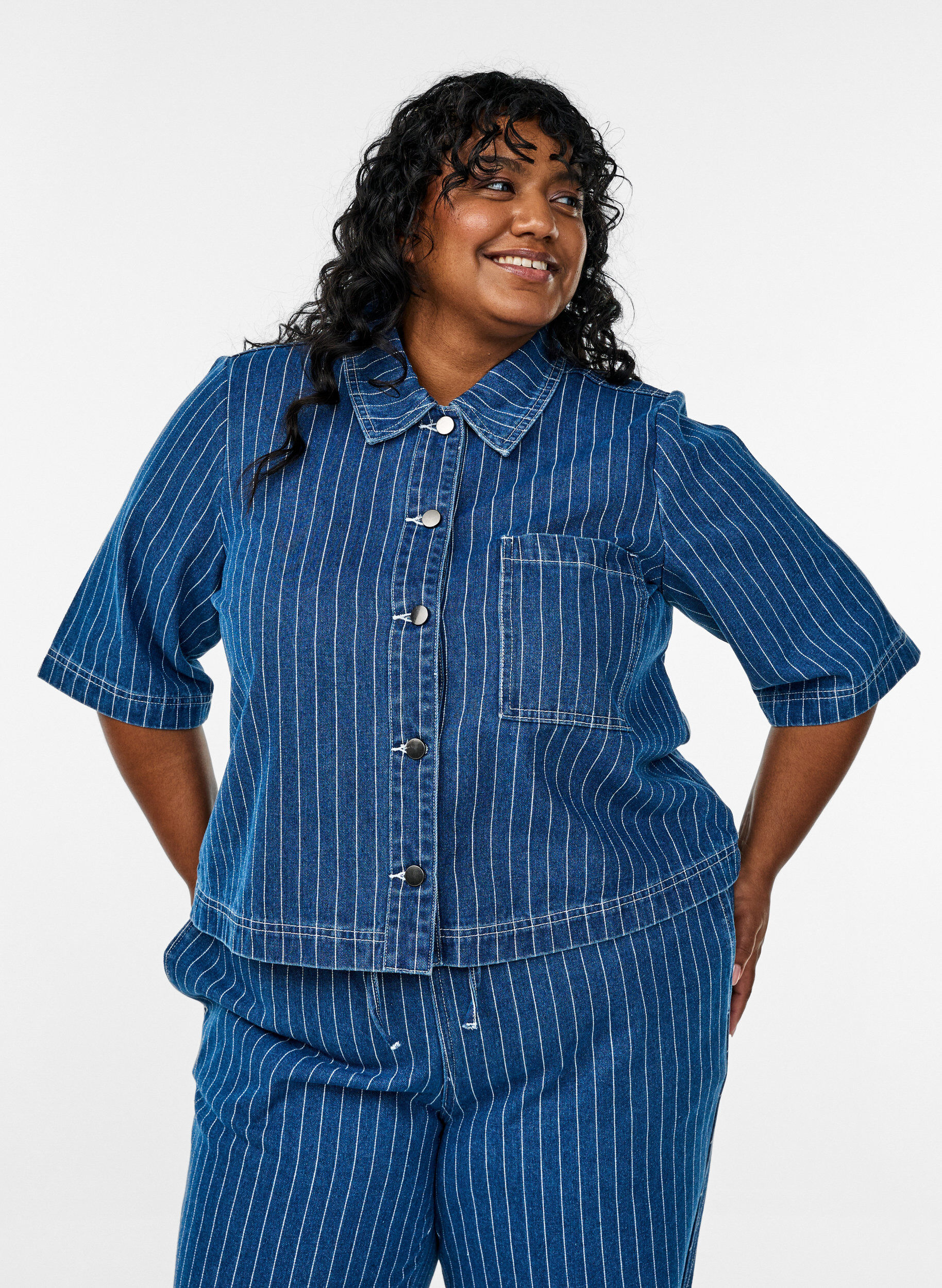 Zizzifashion Short striped denim shirt, Blue, Model image number 0