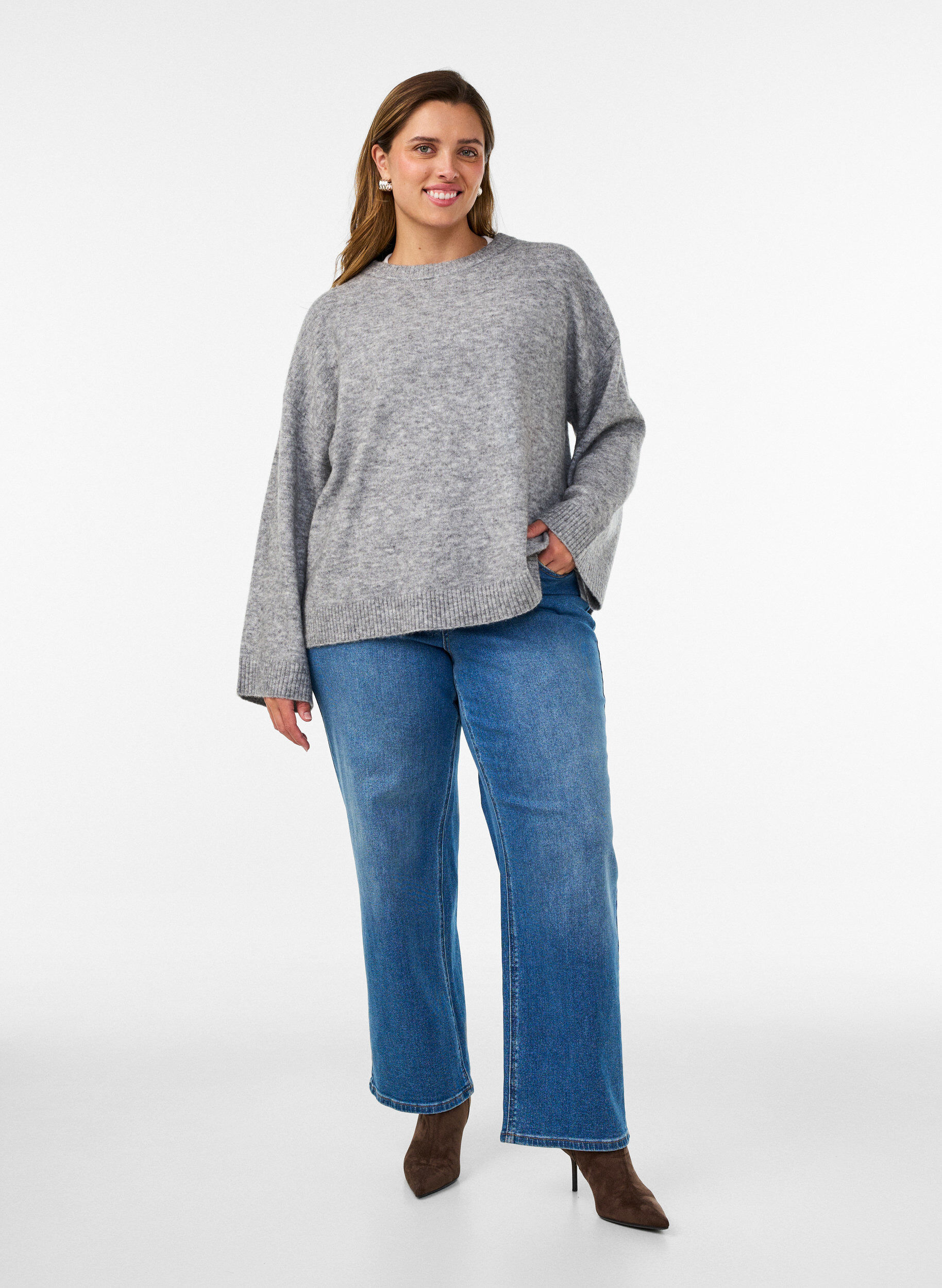 ZizzifashionLoose knitted blouse with alpaca and wool, Grey, Model image number 1